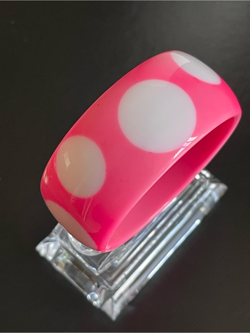 Vintage Hot Pink lucite Bangle Bracelet with White Polka Dots